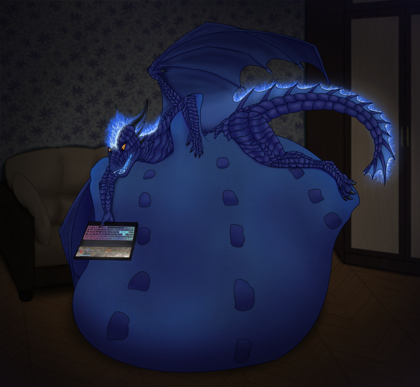 abdominal_bulge ambiguous_gender anthro black_pupils blue_body blue_scales claws colored computer detailed_background digital_media_(artwork) dragon duo featureless_crotch fin fire floor frill_(anatomy) furniture gaming hand_on_stomach hi_res holding_object horizontal_pupils horn inside laptop larger_male larger_pred looking_at_object looking_away lying male male/ambiguous membrane_(anatomy) membranous_frill membranous_wings nude on_front open_mouth open_smile orange_sclera playing_videogame pupils scales scalie shaded size_difference smaller_male smaller_prey smile sofa soft_vore solo_focus tail_fin teeth theember thick_thighs tongue video_games vore wings