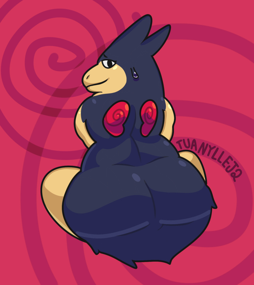 2022 anthro big_butt bodily_fluids butt butt_focus curvy_figure female fur_clothing hi_res looking_at_viewer looking_back looking_back_at_viewer mammal nintendo one_eye_obstructed pok&eacute;mon pok&eacute;mon_(species) presenting presenting_hindquarters rear_view red_background simple_background sitting slightly_chubby smile smiling_at_viewer solo spiral sweat thick_thighs tuanyllej2 typhlosion video_games watermark wide_hips