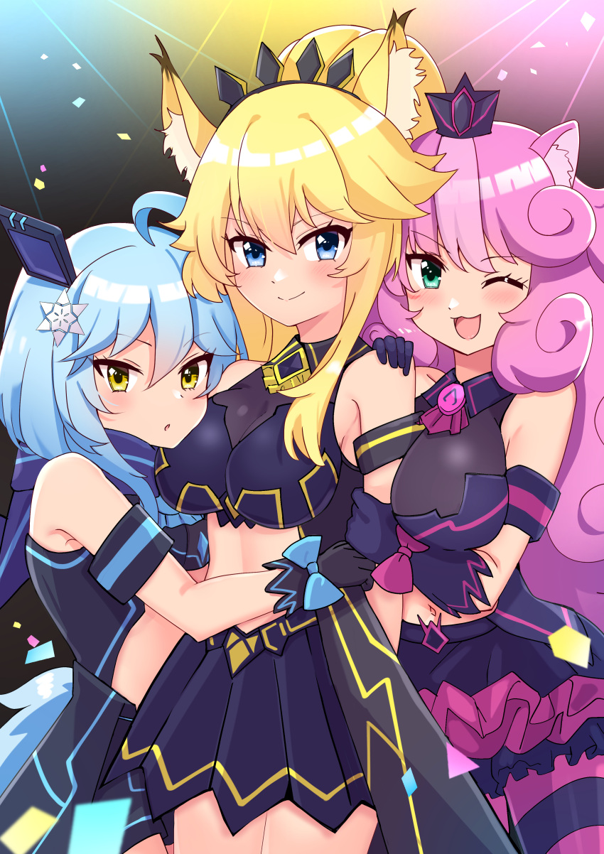 3girls ;d absurdres ahoge animal_ear_fluff animal_ears ao_(flowerclasse) bangs bare_shoulders black_gloves black_skirt blonde_hair blue_bow blue_eyes blue_hair blush bow breasts closed_mouth commentary_request commission crop_top frilled_skirt frills gloves green_eyes hair_between_eyes hair_ornament hand_on_another's_shoulder headgear high_ponytail highres large_breasts long_hair midriff multicolored_hair multiple_girls navel one_eye_closed pantyhose parted_lips pink_bow pink_hair pleated_skirt ponytail rararin_(show_by_rock!!) show_by_rock!! skeb_commission skirt small_breasts smile snowflake_hair_ornament streaked_hair striped striped_pantyhose sumomone_(show_by_rock!!) uiui_(show_by_rock!!) very_long_hair yellow_eyes