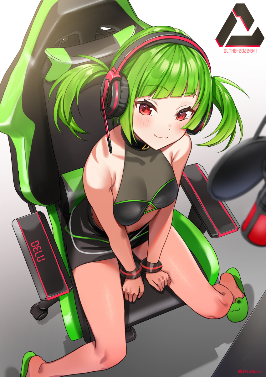 1girl absurdres animal_slippers bangs bare_arms bare_legs bare_shoulders between_legs black_skirt blunt_bangs blush bracelet breasts chair cleavage closed_mouth crop_top delutaya from_behind gaming_chair green_hair hand_between_legs hatsuno_xxx headset highres indie_virtual_youtuber jewelry looking_at_viewer medium_breasts microphone red_eyes simple_background sitting skirt slippers smile solo twintails v_arms virtual_youtuber