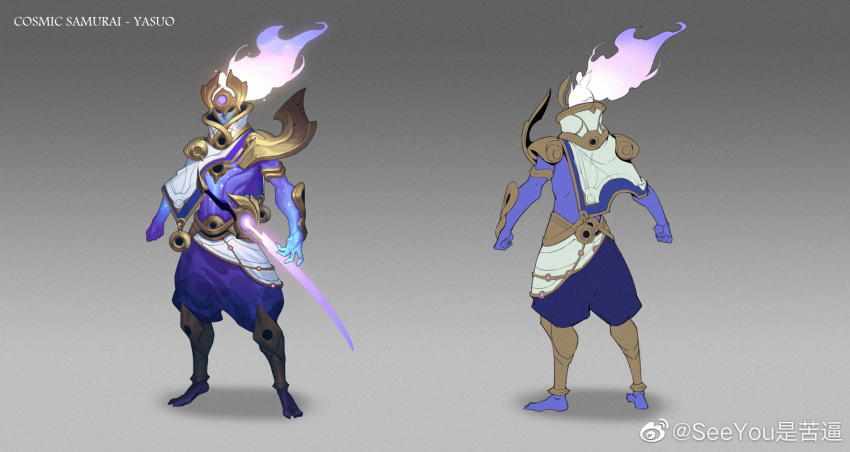 1boy alternate_costume armor artist_name bangs barefoot black_eyes character_name clenched_hand colored_skin from_behind full_body gradient gradient_background grey_background helmet horns katana league_of_legends long_hair looking_at_viewer male_focus multiple_views pants purple_hair purple_pants purple_skin see_you shoulder_armor space_print sparkle standing starry_sky_print sword weapon white_hair yasuo_(league_of_legends)