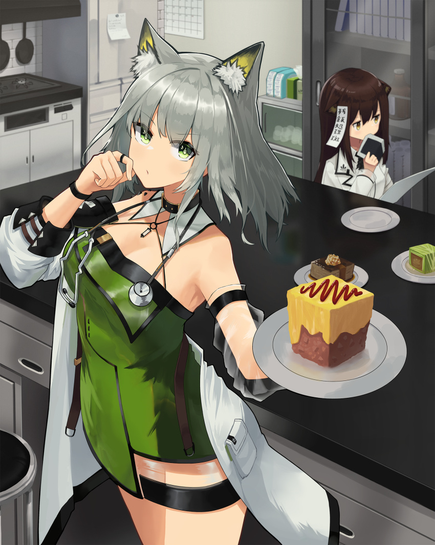 1girl animal_ear_fluff animal_ears arknights bare_shoulders breasts brown_eyes brown_hair cake cat_ears cleavage closed_mouth collar cowboy_shot detached_sleeves dress eating folinic_(arknights) food frying_pan green_dress green_eyes grey_hair highres holding holding_plate indoors jewelry kal'tsit_(arknights) kitchen long_hair long_sleeves looking_at_viewer medium_breasts nanamilem note off_shoulder plate reading ring see-through shelf short_dress short_hair single_detached_sleeve solo table translation_request trash_can v-shaped_eyebrows wristband