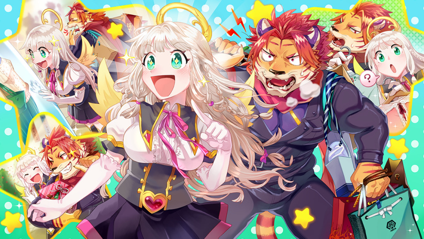 +_+ 1boy 1girl ? angel animal_ears bag blonde_hair blue_background blush bow clothes clothes_hanger collared_shirt fangs fangs_out frilled_gloves frills furry furry_male gabriel_(housamo) gloves gradient gradient_background gradient_hair green_background green_eyes halo heart large_pectorals long_hair looking_at_another multicolored_hair multiple_views muscular muscular_male nomad_(housamo) official_art open_mouth pectorals polka_dot polka_dot_background red_eyes red_hair red_scarf ribbon scarf shirt shopping_bag short_hair sidelocks smile sparkle star_(symbol) sumi_wo_hakuneko sweatdrop tail tiger_boy tiger_ears tiger_stripes tiger_tail tokyo_afterschool_summoners whiskers white_gloves yawning