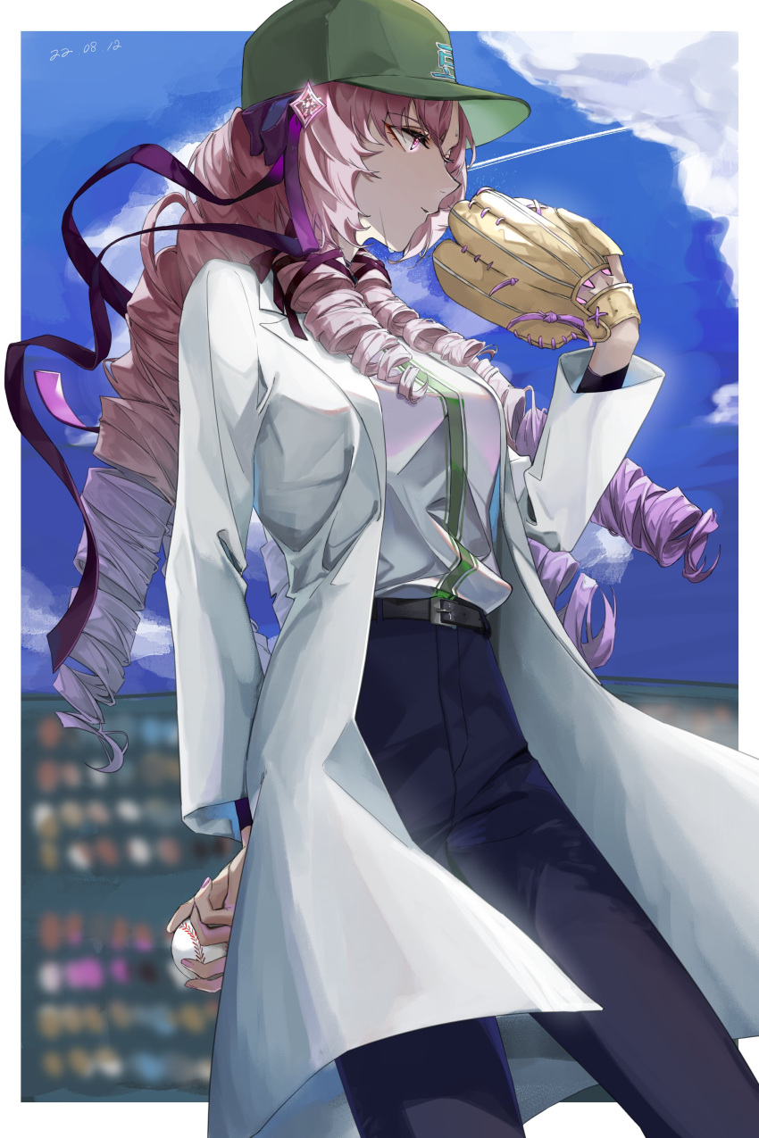 1girl absurdres baseball baseball_cap baseball_mitt belt black_belt blue_pants breasts cloud coat crowd dated day drill_hair hair_ribbon hat highres hyakumantenbara_salome hzen_loba labcoat large_breasts long_hair long_sleeves nijisanji open_clothes open_coat outdoors pants purple_eyes purple_hair purple_ribbon ribbon shirt sky solo_focus stadium virtual_youtuber white_coat white_shirt