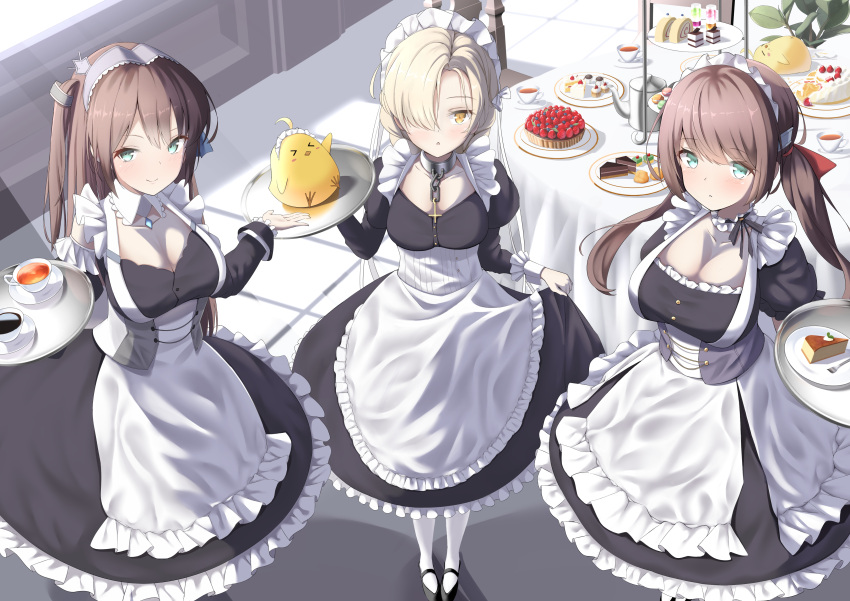 3girls :o absurdres apron aqua_eyes azur_lane bangs black_dress black_footwear blonde_hair brown_hair cake cheesecake chocolate_cake cien_(shikanokuni) closed_mouth commentary_request cup detached_sleeves dress food frilled_apron frills fruit glasgow_(azur_lane) hair_over_one_eye highres holding holding_tray indoors juliet_sleeves long_skirt long_sleeves looking_at_viewer maid maid_apron maid_headdress multiple_girls newcastle_(azur_lane) pastry petticoat puffy_long_sleeves puffy_short_sleeves puffy_sleeves saucer sheffield_(azur_lane) short_sleeves skirt smile strawberry strawberry_shortcake swept_bangs swiss_roll tart_(food) tea teacup teapot thighhighs tray white_apron white_thighhighs window yellow_eyes