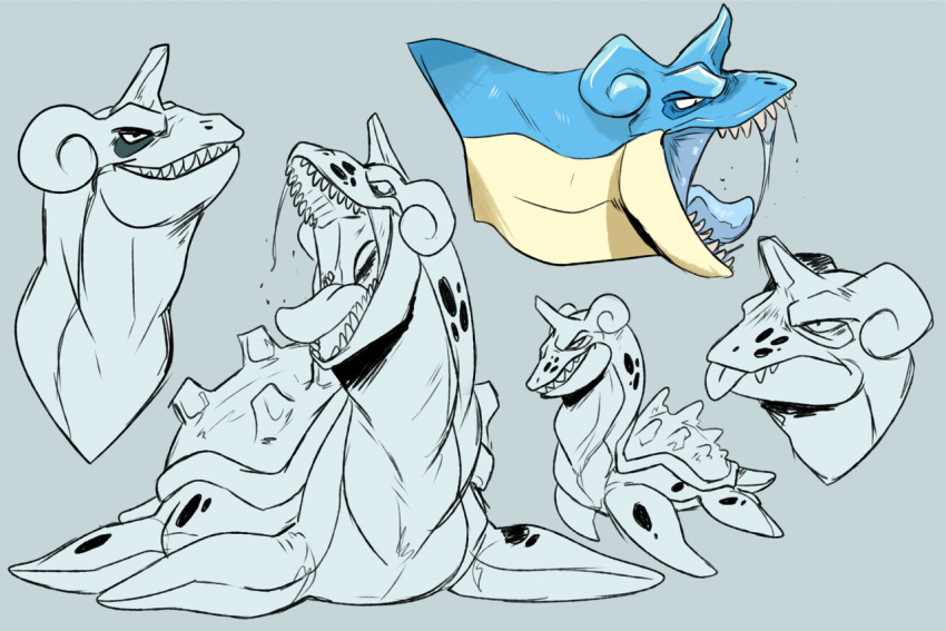 ambiguous_gender blep blue_body blue_horn blue_tongue bodily_fluids front_view grey_background grin horn imperatorcaesar lapras narrowed_eyes nintendo partially_colored pok&eacute;mon pok&eacute;mon_(species) saliva saliva_string sharp_teeth side_view simple_background sketch_page smile solo teeth tongue tongue_out unsigned video_games yellow_body