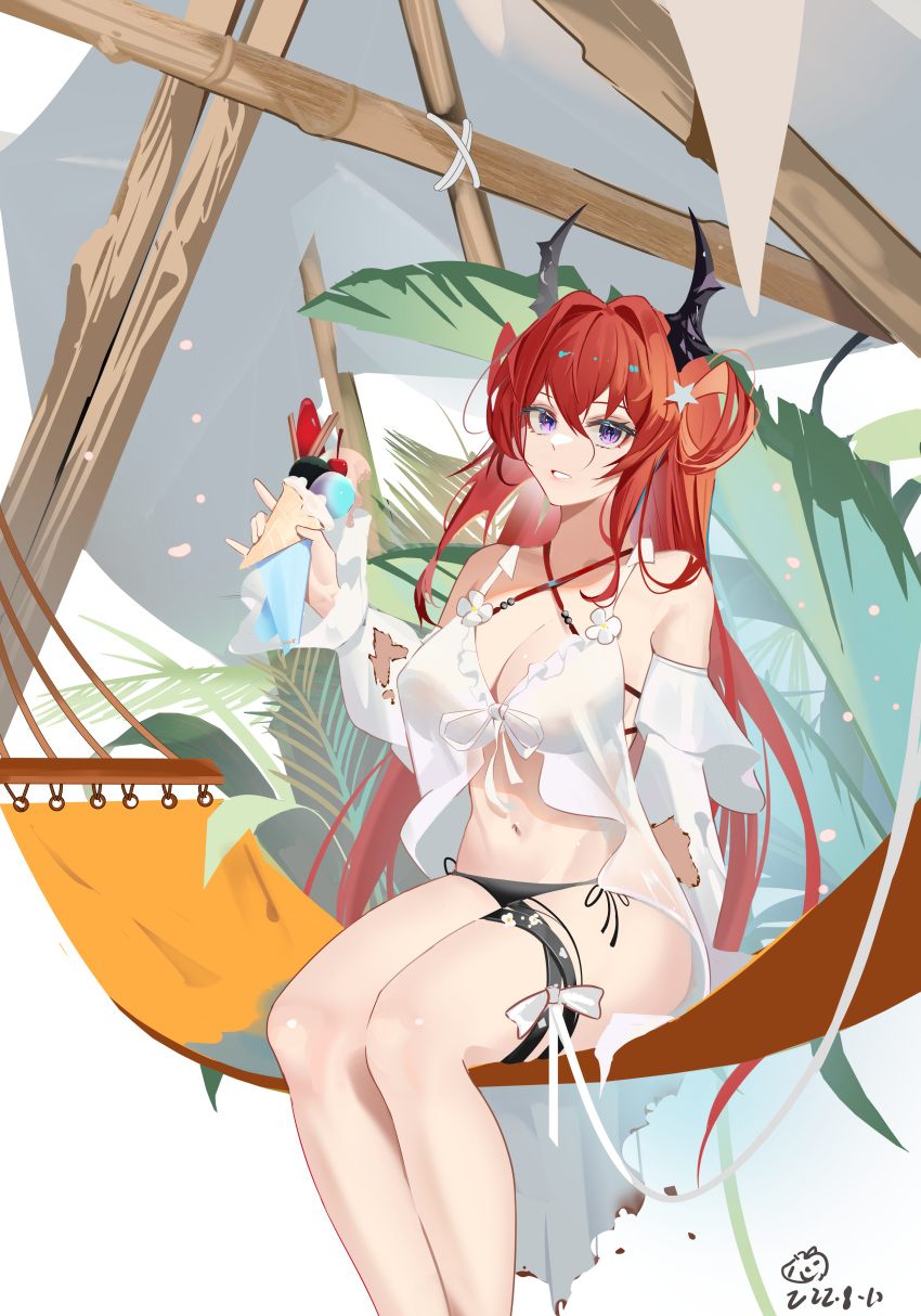 1girl absurdres arknights bare_shoulders bikini black_bikini breasts cleavage criss-cross_halter dated demon_horns detached_sleeves feet_out_of_frame hair_ornament hair_rings halterneck hammock highres holding_ice_cream horns large_breasts looking_at_viewer midriff navel official_alternate_costume purple_eyes red_hair revision sabou_san-shitsu_kokoro shirt side-tie_bikini sitting solo star_(symbol) star_hair_ornament surtr_(arknights) surtr_(colorful_wonderland)_(arknights) swimsuit thigh_strap white_shirt white_sleeves