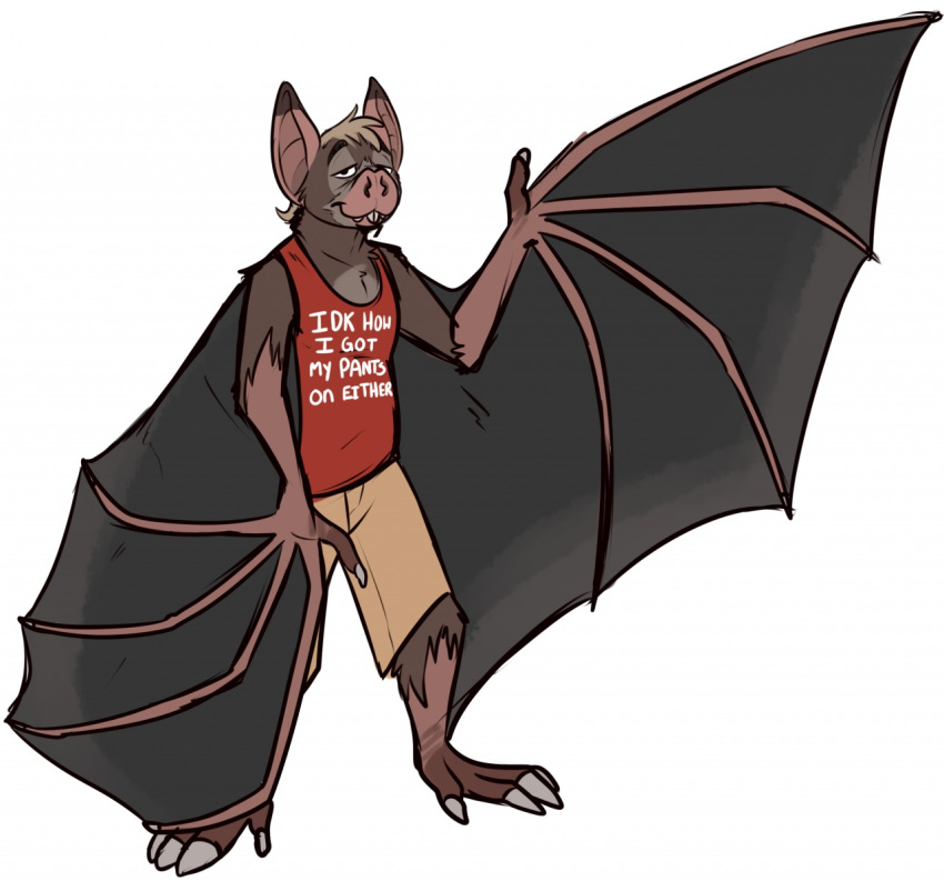 anthro black_wings bottomwear brown_body brown_fur chiropteran claws clothing front_view fur grey_claws hi_res imperatorcaesar looking_at_viewer male mammal membrane_(anatomy) membranous_wings narrowed_eyes pants red_clothing red_topwear simple_background solo tan_bottomwear tan_clothing tan_pants teeth topwear unsigned white_background wing_claws wings