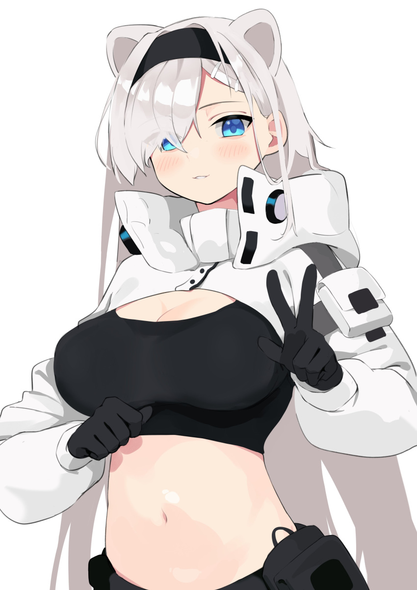 1girl absurdres animal_ears arknights aurora_(arknights) bangs bear_ears black_gloves black_hairband black_shirt blue_eyes breasts cleavage commentary crop_top gloves hairband highres large_breasts long_hair long_sleeves looking_at_viewer midriff navel parted_lips poyason shirt shrug_(clothing) simple_background smile solo stomach upper_body v very_long_hair white_background white_hair