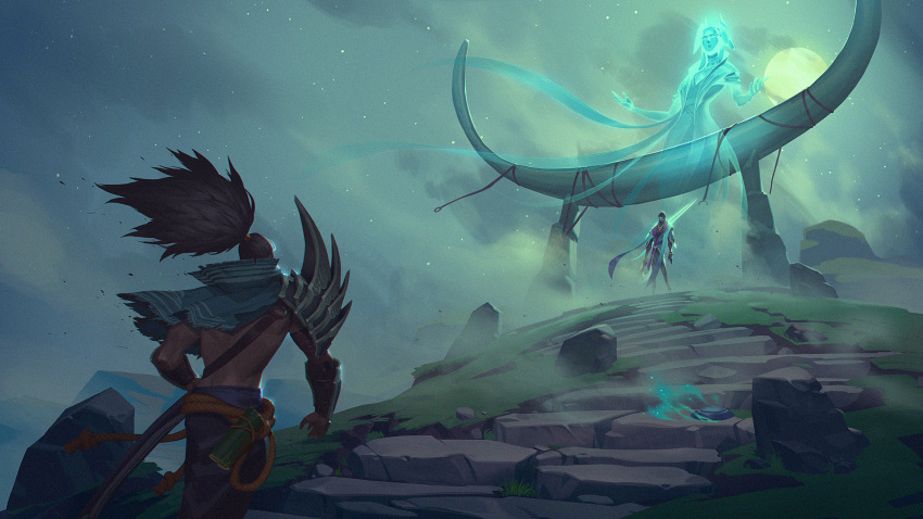 1girl 2boys alune_(league_of_legends) aphelios armor belt black_hair blue_pants brown_belt clothing_request full_body full_moon ghost ghost_girl glowing green_sky highres jacket league_of_legends long_hair long_sleeves moon multiple_boys outdoors pants ponytail rope_belt see_you short_hair shoulder_armor siblings single_shoulder_pad sky stairs standing star_(sky) starry_sky weapon yasuo_(league_of_legends)