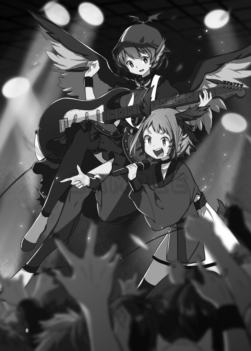 2girls absurdres animal_ears bird_ears bird_wings choujuu_gigaku dog_ears dog_tail dress electric_guitar greyscale guitar hat highres holding holding_instrument holding_microphone instrument kasodani_kyouko long_sleeves microphone monochrome multiple_girls mystia_lorelei namauni open_mouth plectrum second-party_source short_hair smile tail thighhighs touhou winged_hat wings