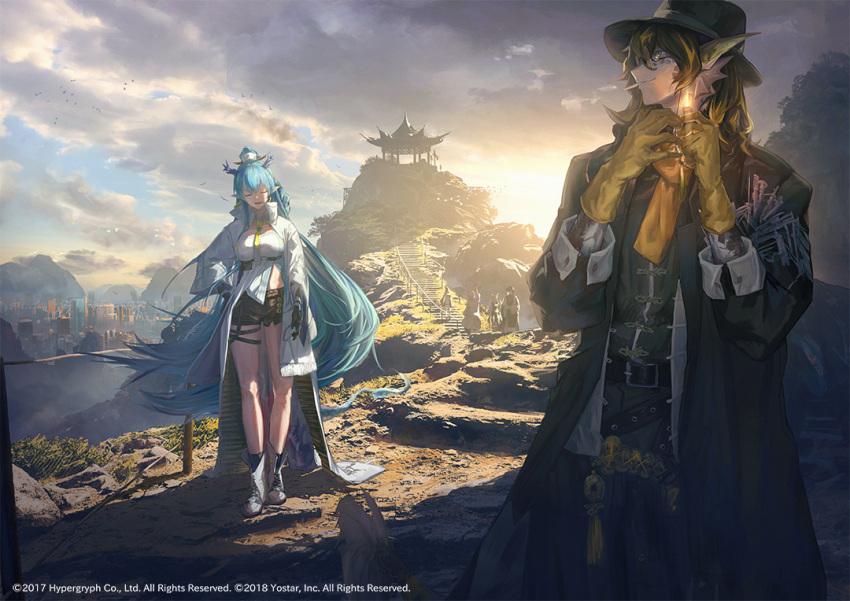 2boys 4girls ankle_boots arknights backlighting bare_legs belt belt_buckle black_coat black_gloves black_headwear black_shorts blue_hair boots braid breasts buckle city closed_eyes cloud cloudy_sky coat day dragon_girl dragon_horns dragon_tail dusk_(arknights) elbow_gloves fish_tail full_body glasses gloves gyoukan_(jfxc) hand_on_hip hat head_wings horns kroos_(arknights) kroos_the_keen_glint_(arknights) large_breasts lee_(arknights) lighter ling_(arknights) long_hair long_sleeves midriff_peek monster_boy mountain mr._nothing_(arknights) multiple_boys multiple_girls nian_(arknights) official_art open_clothes open_coat open_mouth outdoors pagoda pointy_ears scenery shirt short_shorts shorts sky smoking standing sunlight tail underbust very_long_hair white_coat white_footwear white_shirt wide_sleeves yellow_gloves