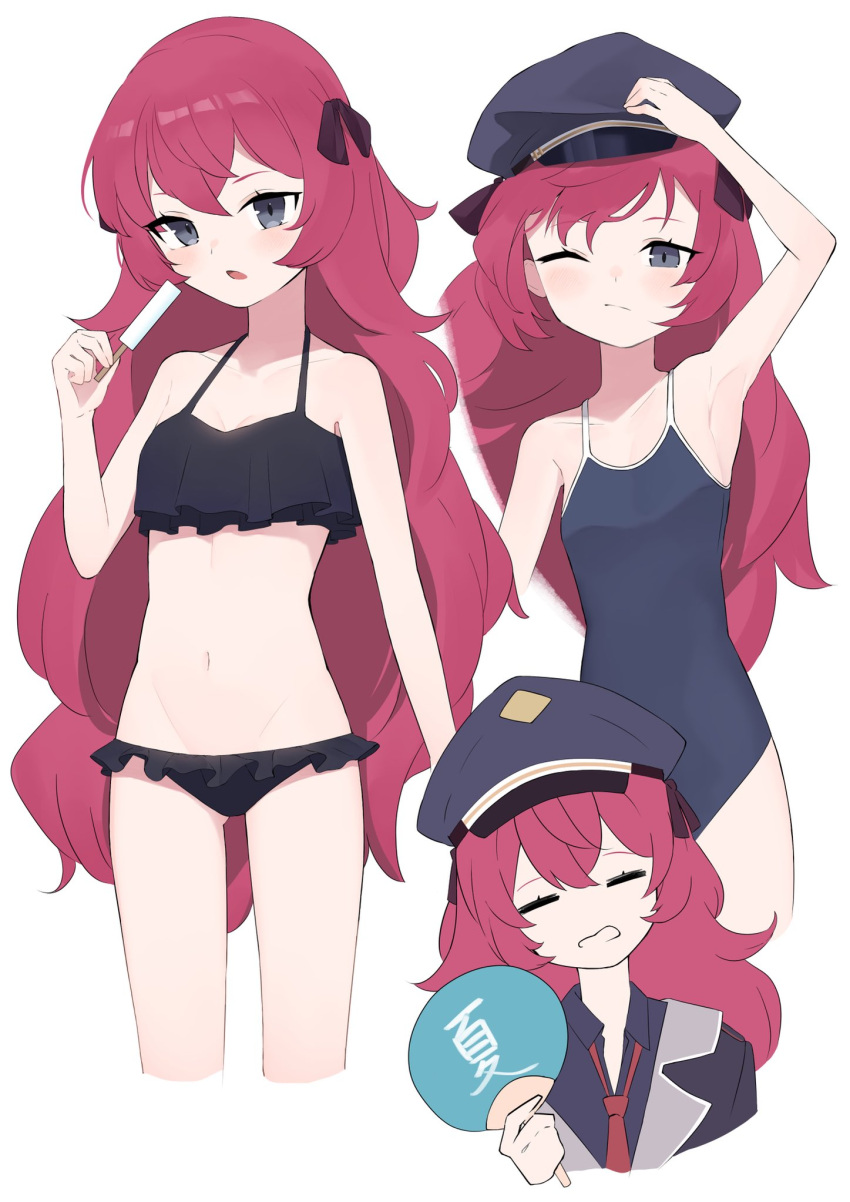 1girl arm_on_head arm_up armpits bangs beko_(beco_1122) bikini black_bikini black_headwear black_shirt black_swimsuit blue_archive collarbone collared_shirt food frilled_bikini frilled_swimsuit frills grey_eyes hand_fan hand_fan_writing hat highres holding holding_fan holding_food ice_cream iroha_(blue_archive) long_hair looking_at_viewer loose_necktie military military_hat navel necktie one-piece_swimsuit open_mouth paper_fan peaked_cap popsicle red_hair red_necktie school_swimsuit shirt solo swimsuit wavy_hair