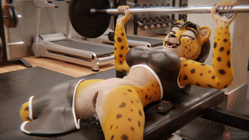 3d_(artwork) abs anal anal_orgasm anal_penetration anthro athletic athletic_anthro athletic_female bench_press big_breasts black_hair black_pussy bodily_fluids bottomwear bra breasts buttplug cheetah chenira_(johnwulffe) claws clothed clothing controller digital_media_(artwork) ejaculation erect_nipples erect_nipples_under_clothes exercise facial_markings felid feline female fur genital_fluids genitals gym gym_bottomwear gym_clothing gym_shorts hair head_markings hi_res inside johnwulffe lying mammal markings narrowed_eyes nipple_outline nipples on_back orgasm partially_clothed pawpads penetration plug_(sex_toy) pussy pussy_ejaculation pussy_juice remote_control remote_controlled_vibrator sex_toy sex_toy_in_ass sex_toy_insertion shorts smile solo sports_bra sportswear spots spotted_body spotted_fur teeth tight_clothing underwear vibrator vibrator_in_ass weightlifting workout yellow_body yellow_eyes yellow_fur