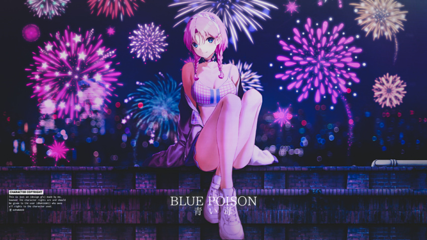 1girl arknights bare_legs belt_collar blue_eyes blue_poison_(arknights) blue_poison_(shoal_beat)_(arknights) blue_shorts blurry blurry_background breasts brick_wall choker city_lights cleavage closed_mouth collar commentary crossed_legs dated_commentary devsniiwy english_commentary english_text fireworks hairband highres looking_at_viewer night official_alternate_costume pink_choker pink_hair pink_sports_bra short_twintails shorts sitting solo sports_bra third-party_edit twintails white_footwear