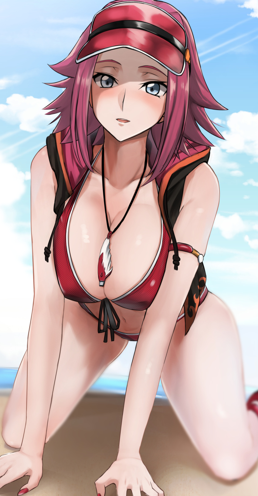 beach bikini blue_eyes blush breasts cloud cloudy_sky code_geass highres kallen_stadtfeld large_breasts parted_lips red_bikini red_hair red_swimsuit shiny shiny_hair shiny_skin short_hair sky swimsuit yoo_tenchi