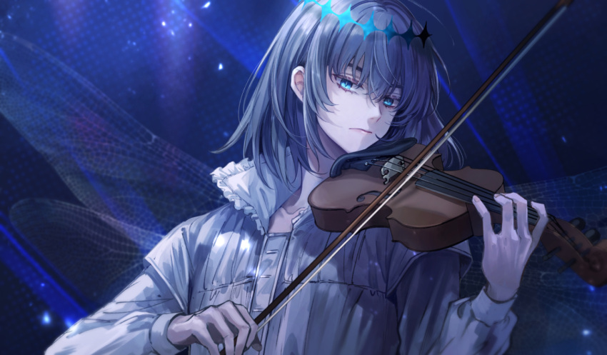 1boy alternate_hair_color arthropod_boy bangs black_hair closed_mouth collared_shirt commentary_request crown diamond_hairband expressionless fate/grand_order fate_(series) holding holding_instrument insect_wings instrument long_sleeves looking_at_viewer male_focus medium_hair oberon_(fate) oberon_(third_ascension)_(fate) official_alternate_costume shirt solo upper_body viola_(instrument) violin weii2021 white_shirt wings