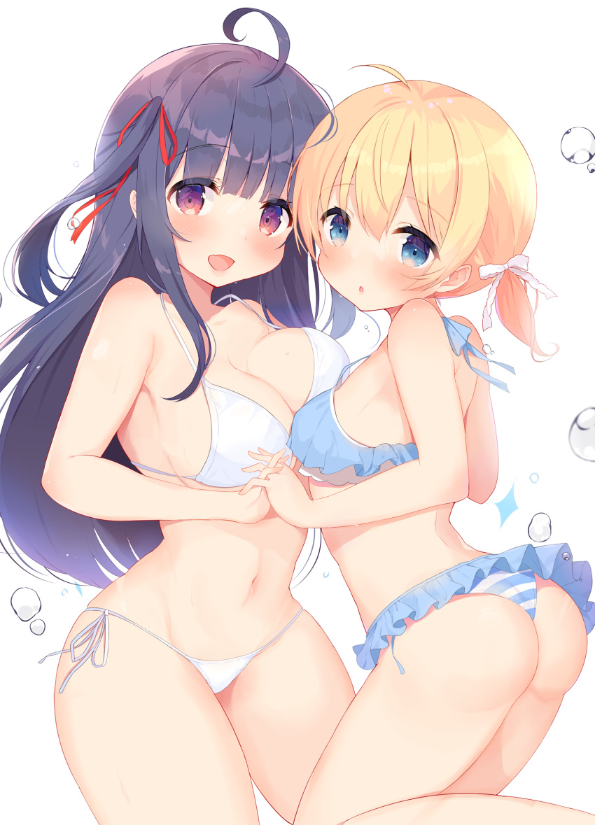 2girls :d :o ahoge asymmetrical_docking bangs bare_arms bare_shoulders bikini black_hair blonde_hair blue_eyes blush breast_press breasts commentary_request fang frilled_bikini frills hair_between_eyes highres holding_hands interlocked_fingers kagerou_(shadowmage) large_breasts long_hair multiple_girls navel original parted_lips red_eyes side-tie_bikini simple_background smile striped striped_bikini swimsuit two_side_up very_long_hair white_background white_bikini