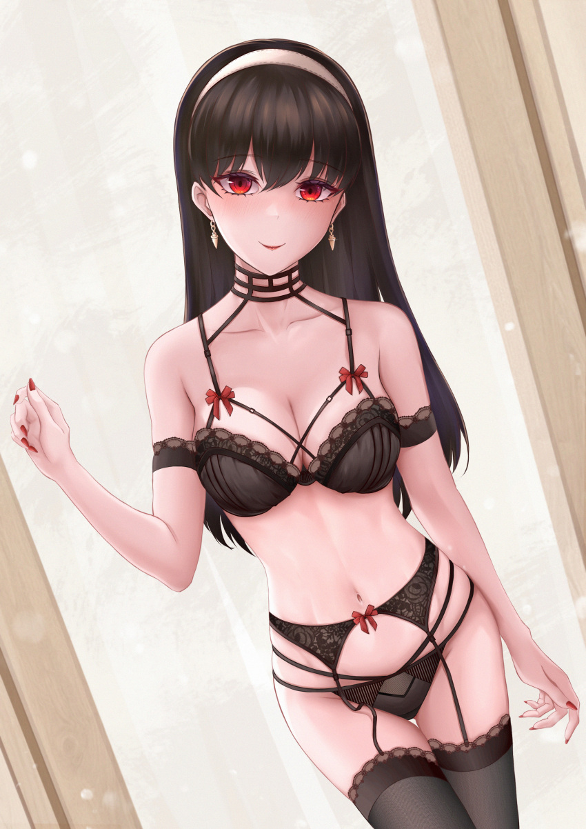 1girl absurdres akatsuki+9 arm_at_side armband black_bra black_choker black_garter_belt black_hair black_panties black_thighhighs blush bow bra breasts choker cleavage closed_mouth collarbone dot_nose earrings fingernails garter_belt gold_earrings hairband hand_up highres jewelry lingerie long_hair looking_at_viewer medium_breasts nail_polish navel panties red_bow red_eyes red_lips red_nails smile solo spy_x_family stomach straight_hair thigh_gap thighhighs underwear underwear_only white_hairband yor_briar