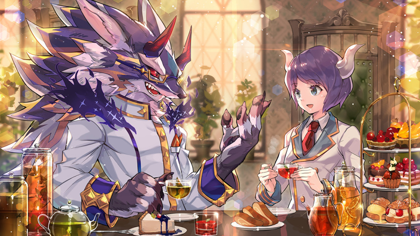 2boys astaroth_(housamo) bael_(housamo) bangs black_fire blurry blurry_background cake cake_slice chair chest_tuft collared_shirt colored_sclera commentary_request cream_puff cup demon_horns dessert fire food formal furry furry_male grey_eyes hand_up holding holding_cup horns long_hair male_focus multiple_boys necktie nikism official_art open_mouth partial_commentary pocket_square purple_hair red_horns red_necktie red_sclera semi-rimless_eyewear shirt short_hair smile suit tart_(food) tea third-party_source tiered_tray tokyo_afterschool_summoners upper_body white_horns white_shirt yellow-framed_eyewear