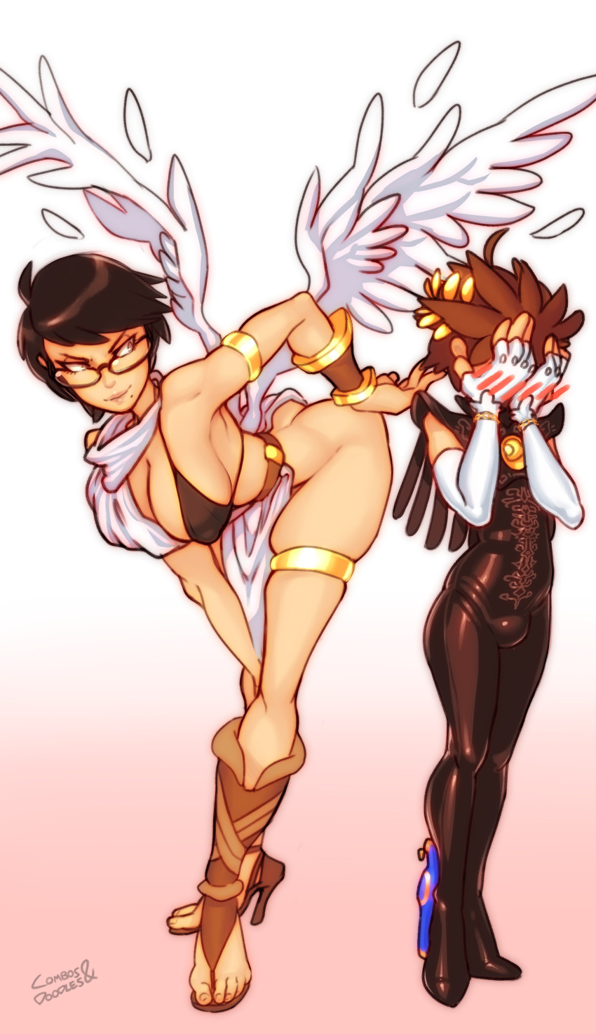 1boy 1girl angel_wings artist_name ass bayonetta bayonetta_(character) bent_over bikini_top black_hair blush bodysuit boots breasts brown_hair bulge butt_crack combos_&amp;_doodles cosplay costume_switch covering_face elbow_gloves full_body glasses gloves gradient gradient_background high_heel_boots high_heels kid_icarus large_breasts lips mole mole_under_mouth nintendo no_panties pit_(kid_icarus) short_hair sleeveless smile standing super_smash_bros. toeless_boots toga white_gloves wings