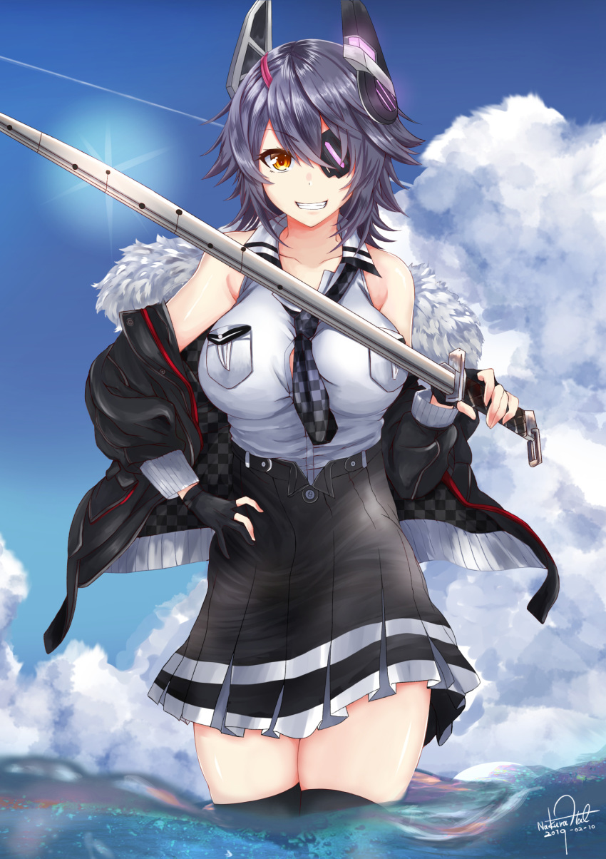 1girl bare_shoulders black_gloves black_legwear breasts checkered checkered_neckwear cloud day eyepatch fur_collar gloves grin headgear high-waist_skirt highres holding holding_sword holding_weapon kantai_collection large_breasts long_sleeves nakura_haru necktie partly_fingerless_gloves purple_hair remodel_(kantai_collection) school_uniform shirt short_hair signature skirt sky smile solo sword tenryuu_(kantai_collection) thighhighs wading weapon yellow_eyes