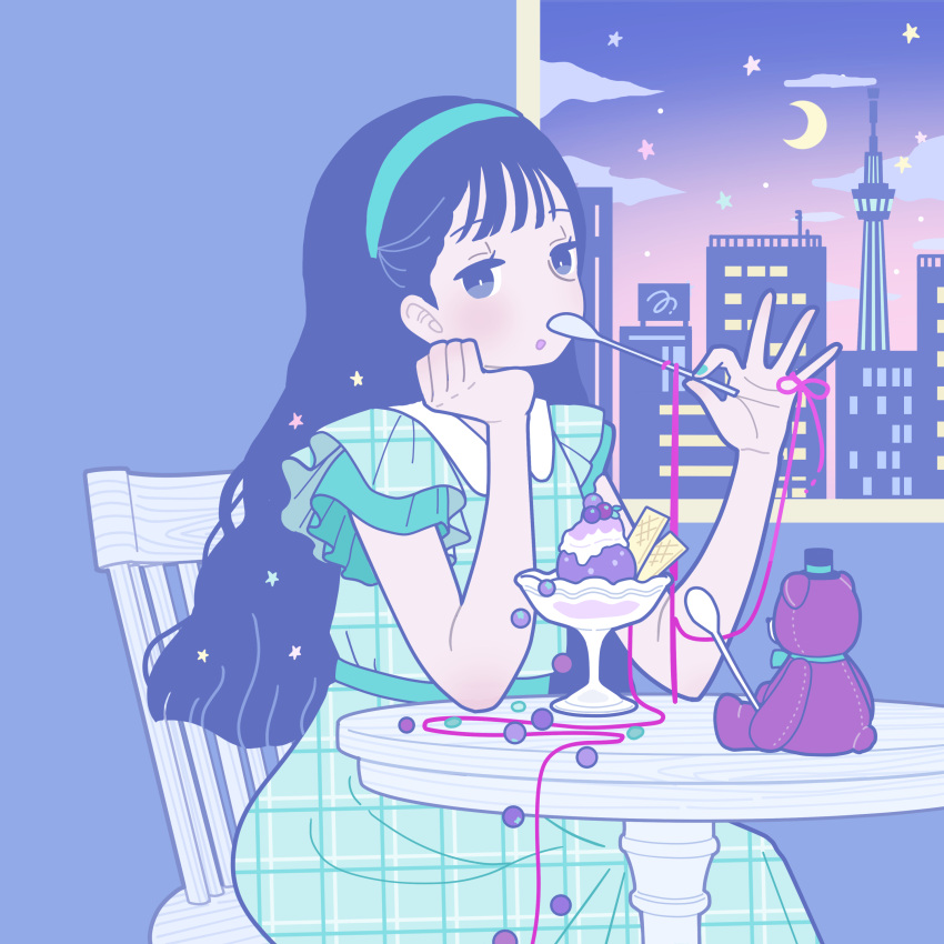 1girl absurdres bangs berry black_hair blue_eyes chair city collared_dress crescent_moon dress food food_on_face frilled_sleeves frills hairband half-closed_eyes hand_on_own_cheek hand_on_own_face head_rest highres holding holding_spoon ice_cream long_hair moon night on_chair original plaid plaid_dress short_sleeves sitting sky solo spoon star_(sky) starry_sky string stuffed_animal stuffed_toy sunset teddy_bear utensil_in_mouth very_long_hair w wafer wavy_hair window yoshimon