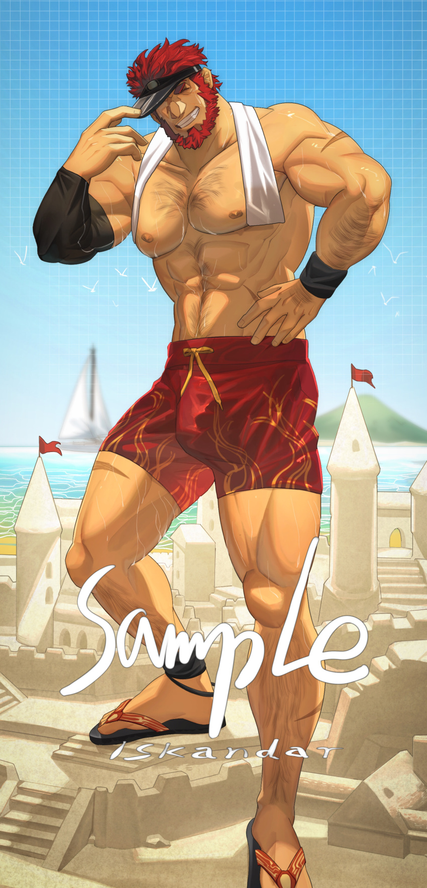 1boy abs absurdres adjusting_clothes adjusting_headwear alternate_costume arm_hair bara beach beard bulge chest_hair closed_eyes contemporary dark-skinned_male dark_skin facial_hair facing_viewer fate/grand_order fate/zero fate_(series) full_body grin hairy highres iskandar_(fate) large_pectorals leg_hair male_focus male_swimwear mature_male mixiaomoyuwangdamo_(weibo6379264695) muscular muscular_male navel navel_hair nipples pectorals red_eyes red_hair red_male_swimwear sample_watermark sand sand_castle sand_sculpture sandals scar scar_on_arm short_hair smile solo stomach swim_trunks thick_thighs thighs topless_male towel towel_around_neck watermark wet_towel
