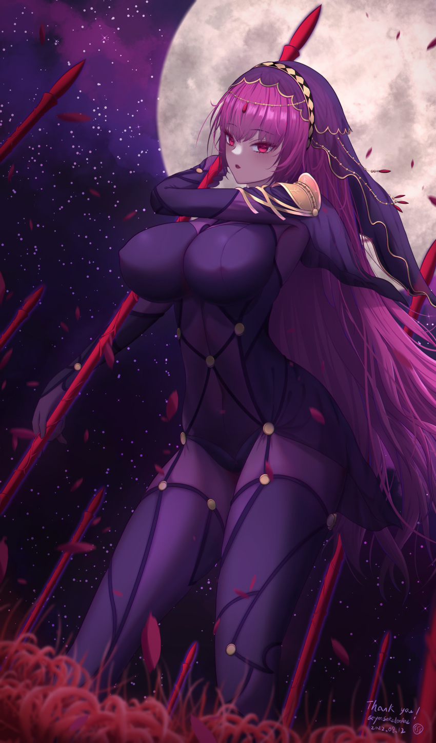 absurdres armor bodysuit breasts covered_navel eeyoosekedooaat fate/grand_order fate_(series) flower full_moon gae_bolg_(fate) hair_intakes highres large_breasts leotard long_hair moon night night_sky outdoors pauldrons polearm purple_bodysuit purple_hair purple_leotard red_eyes scathach_(fate) shoulder_armor sky spear spider_lily star_(sky) very_long_hair weapon