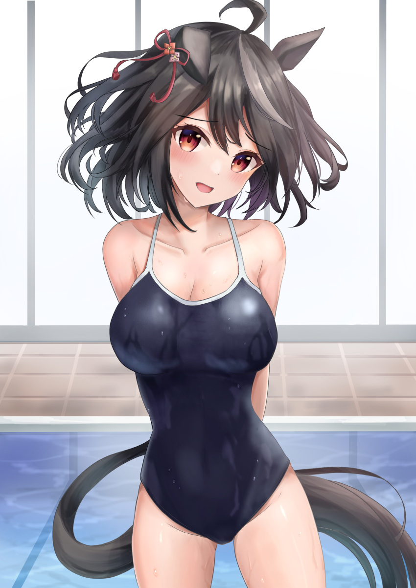 1girl absurdres animal_ears arms_behind_back black_hair breasts cleavage collarbone competition_school_swimsuit cowboy_shot highres horse_ears horse_girl horse_tail indoors kitasan_black_(umamusume) kouhaku_nawa large_breasts multicolored_hair pool red_eyes rope school_swimsuit shimenawa short_hair solo streaked_hair swimsuit tail umamusume waity_awa wet wet_clothes wet_swimsuit