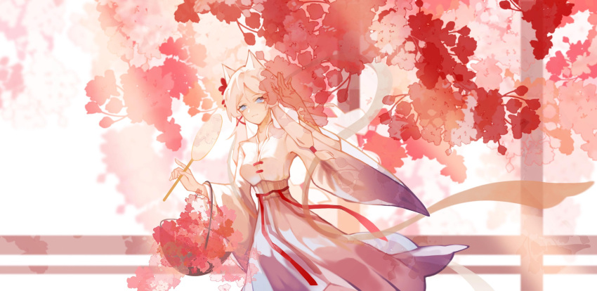 1girl absurdres animal_ears blue_eyes blurry blurry_background cat_ears chinese_clothes depth_of_field grey_hair hand_fan hanfu highres holding holding_fan long_hair long_sleeves looking_at_viewer low-tied_long_hair pu_yo_yo red_ribbon ribbon shawl sky:_children_of_the_light solo teth_(sky:_children_of_the_light) upper_body