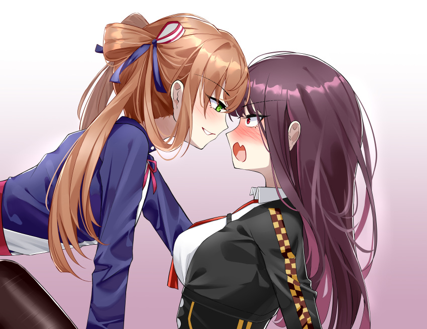 2girls absurdres bangs black_jacket black_pantyhose blue_jacket blush breasts chinese_commentary girls'_frontline green_eyes hair_ornament hair_ribbon highres jacket long_hair long_sleeves looking_at_another medium_breasts multiple_girls neck_ribbon necktie one_smoke open_mouth orange_hair pantyhose purple_hair red_eyes red_necktie red_ribbon ribbon shirt simple_background smile springfield_(girls'_frontline) uniform upper_body wa2000_(girls'_frontline) white_shirt