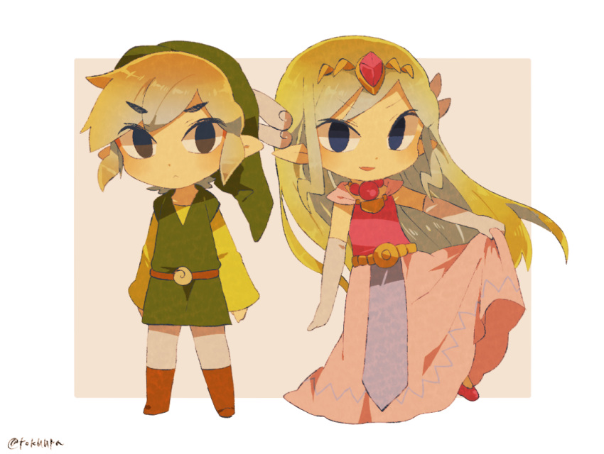 1boy 1girl artist_name back belt blonde_hair blue_eyes blush closed_mouth dress floating_hair gloves jewelry link long_hair looking_up multicolored_hair necklace open_mouth pink_dress princess_zelda the_legend_of_zelda the_legend_of_zelda:_spirit_tracks the_legend_of_zelda:_the_wind_waker tiara tokuura toon_link toon_zelda upper_body