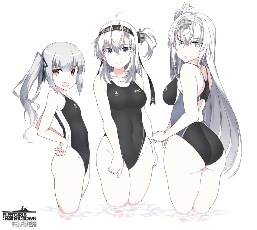 3girls anchor_symbol ass bad_id bad_twitter_id bare_arms bare_legs bare_shoulders black_headband black_one-piece_swimsuit blue_eyes breasts brown_eyes closed_mouth clothes_writing commentary_request competition_swimsuit cowboy_shot fuyutsuki_(kancolle) grey_eyes grey_hair groin hachimaki hair_between_eyes headband kantai_collection kasumi_(kancolle) long_hair medium_breasts multiple_girls one-piece_swimsuit one_side_up open_mouth revision shigino_sohuzi side_ponytail simple_background smile suzutsuki_(kancolle) swimsuit white_background white_hair white_headband