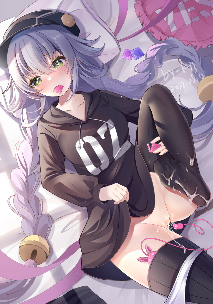 1girl altina_orion artist_name bangs bell black_headwear black_shirt blush braid breasts clothes_lift collarbone commentary_request condom condom_in_mouth cum_on_feet dated eiyuu_densetsu green_eyes hair_between_eyes hat heart heart-shaped_pupils highres holding holding_condom long_hair lying medium_breasts miaogujun mouth_hold on_back panties panty_pull pillow pussy pussy_juice sen_no_kiseki sex_toy shirt shirt_lift sidelocks smile solo symbol-shaped_pupils thighhighs twin_braids uncensored underwear very_long_hair vibrator vibrator_in_thighhighs white_hair white_panties