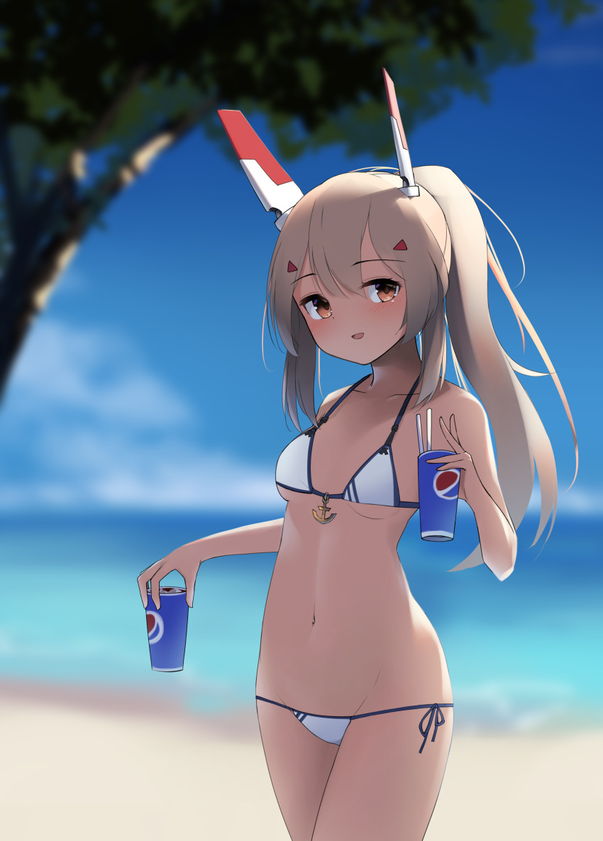 1girl absurdres ayanami_(azur_lane) azur_lane beach bikini breasts brown_eyes brown_hair cloud cup groin headgear highres holding long_hair lowleg lowleg_bikini navel ocean open_mouth outdoors pepsi ponytail side-tie_bikini sky small_breasts smile solo swimsuit thighs white_bikini xdp_(dx19291005)