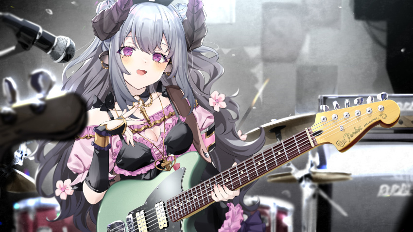 1girl absurdres animal_ears bangs bass_guitar black_choker black_dress black_gloves blush breasts chikafuji_lisa choker cleavage cleavage_cutout clothing_cutout commentary_request dress drum drum_set ear_piercing earrings electric_guitar fingerless_gloves flower gloves grey_hair guitar hair_flower hair_ornament heart heart_necklace highres holding holding_instrument horns instrument jewelry long_hair looking_at_viewer medium_breasts microphone mole mole_under_eye necklace open_mouth piercing purple_eyes riripoinya sheep_ears sheep_girl sheep_horns solo tsunderia virtual_youtuber wavy_hair