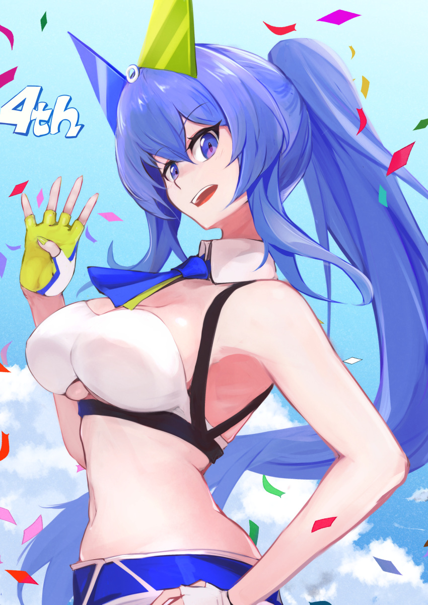 1girl :d azur_lane bandeau bangs bare_shoulders blue_eyes blue_hair blue_necktie blue_sky breasts chest_belt cleavage clothing_cutout cloud commentary_request confetti cowboy_shot day detached_collar fake_horns fingerless_gloves gloves hair_between_eyes hand_on_hip hand_up highres horns large_breasts long_hair looking_at_viewer marshall_k midriff navel necktie new_jersey_(azur_lane) official_alternate_costume open_mouth partial_commentary short_necktie short_shorts shorts sidelocks sky smile solo standing teeth underboob underboob_cutout upper_teeth very_long_hair white_bandeau white_shorts yellow_gloves