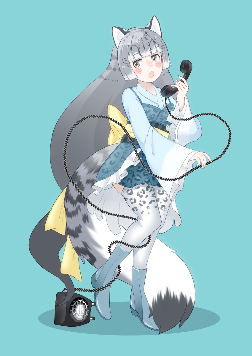 1girl absurdres animal_ears animal_print bangs black_bow blue_eyes blue_footwear blue_kimono blush boots bow frilled_kimono frilled_sleeves frills grey_hair grey_thighhighs high_heel_boots high_heels highres japanese_clothes kemono_friends kimono leopard_ears leopard_girl leopard_print leopard_tail long_hair long_sleeves multicolored_hair parsley_(simonov1941) phone print_thighhighs rotary_phone short_kimono snow_leopard_(kemono_friends) solo tail thighhighs white_hair yellow_bow zettai_ryouiki