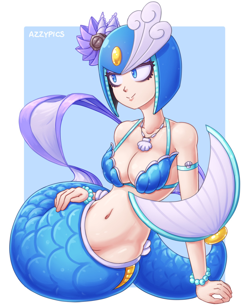 1girl android arm_support azzypics blue_eyes bracelet breasts capcom collarbone helmet highres jewelry large_breasts mega_man_(classic) mega_man_(series) mega_man_9 mermaid monster_girl navel necklace pearl_bracelet robot shell shell_bikini shell_necklace sitting smile solo splash_woman