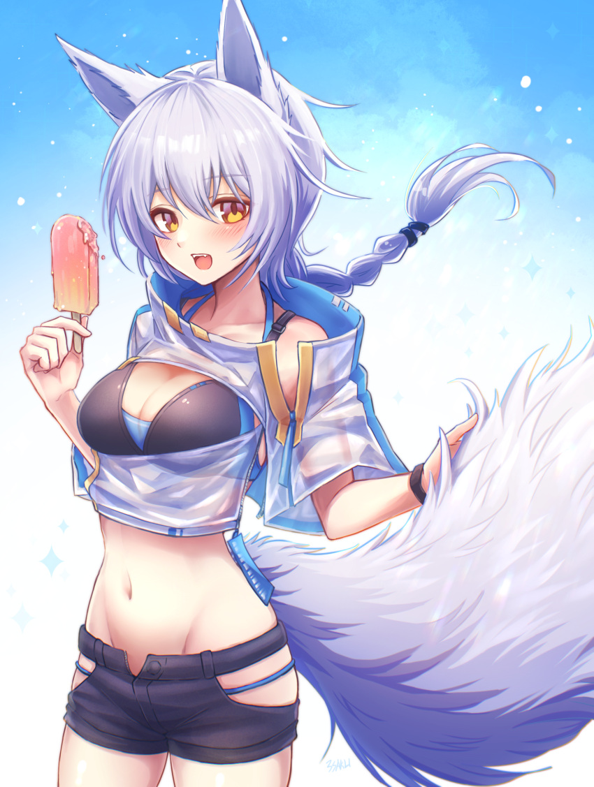 3_(sanyako1) :d absurdres animal_ears arknights bare_shoulders bikini bikini_top_only bikini_under_clothes black_bikini black_shorts blue_bikini blue_sky blush braid breasts cleavage collarbone commentary crop_top day food framed_breasts grey_hair highres holding holding_food large_breasts layered_bikini long_hair looking_at_viewer navel official_alternate_costume open_mouth orange_eyes outdoors popsicle provence_(arknights) provence_(casual_vacation)_(arknights) see-through short_shorts short_sleeves shorts single_braid sky smile stomach swimsuit tail wolf_ears wolf_girl wolf_tail