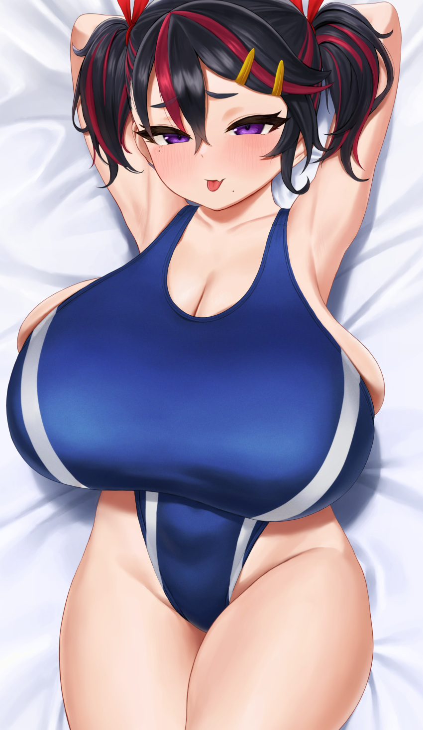 1girl absurdres armpits arms_behind_head black_hair breasts competition_swimsuit deka_(deka_4242) fang formica_(vtuber) hair_between_eyes hair_ornament hairclip highres huge_breasts large_breasts multicolored_hair one-piece_swimsuit oppai_loli presenting_armpit purple_eyes skin_fang streaked_hair swimsuit tongue tongue_out twintails virtual_anto_channel virtual_youtuber