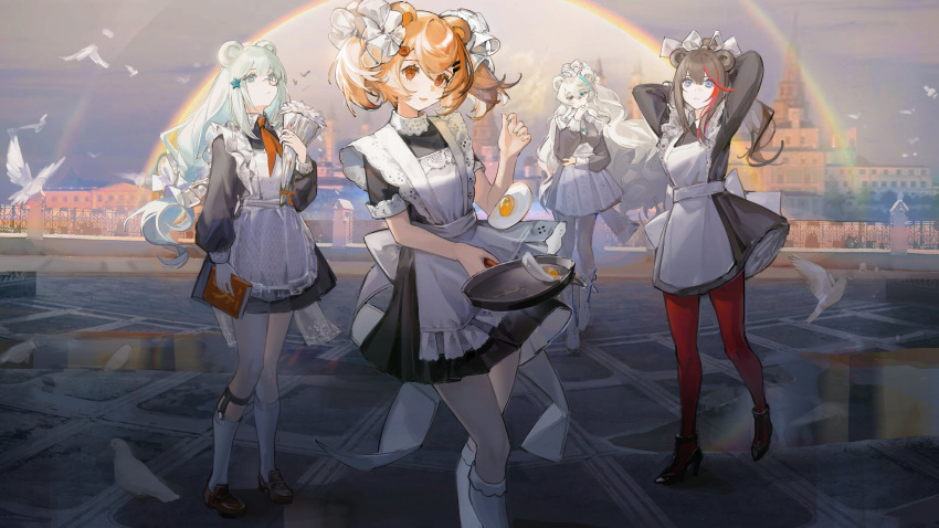 4girls absurdres alternate_costume animal animal_ears apron aqua_eyes aqua_hair arknights arms_behind_head bear_ears bird black_dress black_footwear blonde_hair blue_eyes book boots bouquet bow brown_footwear chinese_commentary commentary_request dress egg_(food) flipping_food flower food fried_egg frying_pan full_body gummy_(arknights) hair_bow hair_ornament hairclip heterochromia highres holding holding_book holding_bouquet holding_frying_pan istina_(arknights) long_hair looking_at_viewer maid maid_apron monocle multicolored_hair multiple_girls necktie neriash orange_necktie outdoors pantyhose rainbow red_eyes rosa_(arknights) shoes short_hair socks star_(symbol) star_hair_ornament streaked_hair very_long_hair white_apron white_bow white_flower white_footwear zima_(arknights)