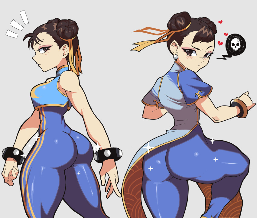 absurdres ass bracelet brown_eyes brown_hair chun-li double_bun eyeshadow hair_bun highres jewelry looking_at_viewer looking_back makeup mg991998 pink_eyeshadow street_fighter