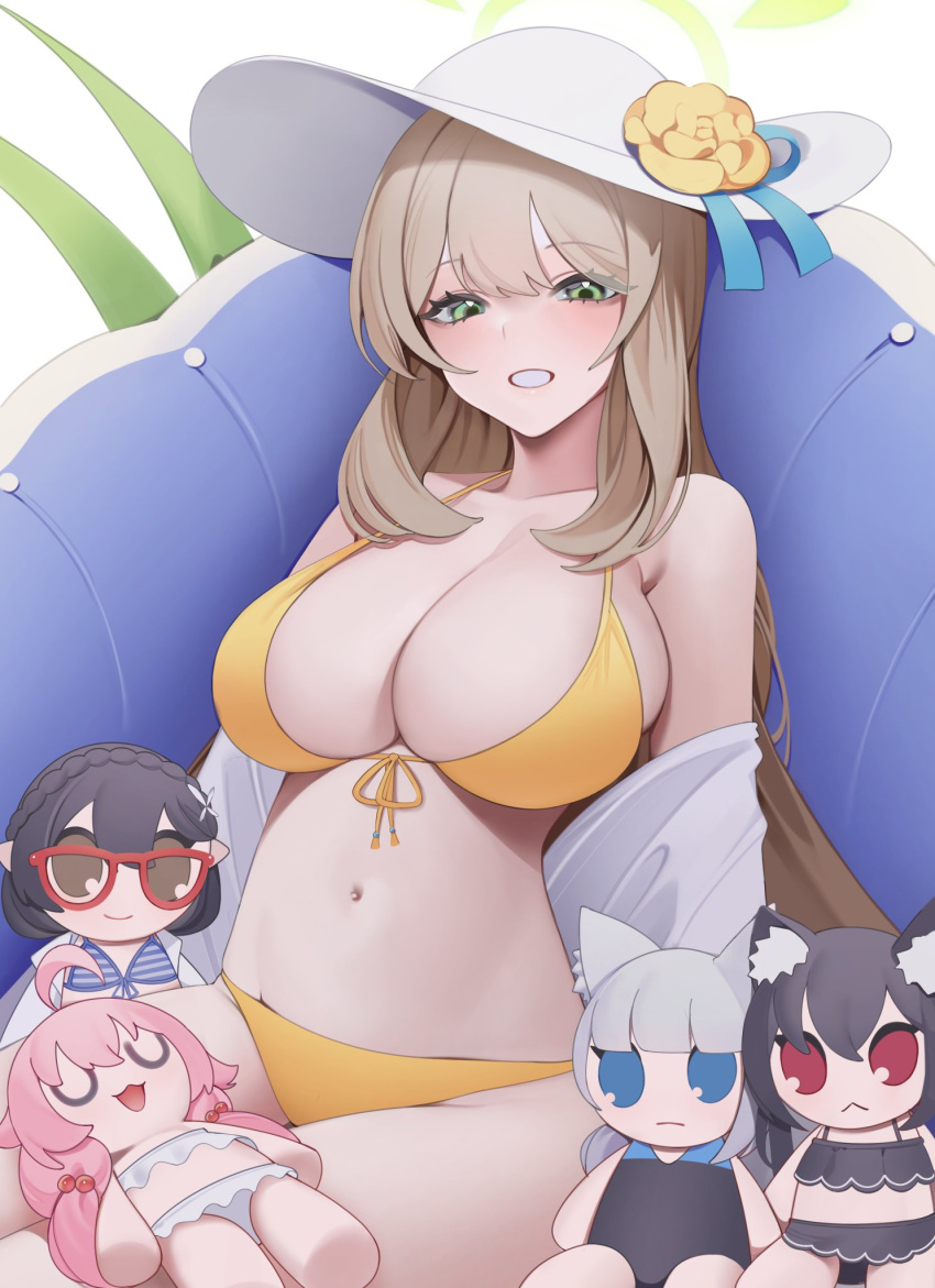 1girl ayane_(blue_archive) ayane_(swimsuit)_(blue_archive) bangs bare_shoulders bikini blonde_hair blue_archive blush breasts character_doll front-tie_bikini front-tie_top green_eyes highres hoshino_(blue_archive) hoshino_(swimsuit)_(blue_archive) kashiko_(kshiko1) large_breasts long_hair looking_at_viewer navel nonomi_(blue_archive) nonomi_(swimsuit)_(blue_archive) off_shoulder serika_(blue_archive) serika_(swimsuit)_(blue_archive) shiroko_(blue_archive) shiroko_(swimsuit)_(blue_archive) shirt sitting solo stomach swimsuit thighs white_headwear white_shirt yellow_bikini