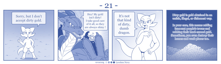 blue_and_white comic detailed_background dialogue dragon english_text featureless_chest featureless_crotch female feral flat_chested gold_(metal) hi_res horn kobold larger_feral male monochrome size_difference smaller_female text vavacung wings