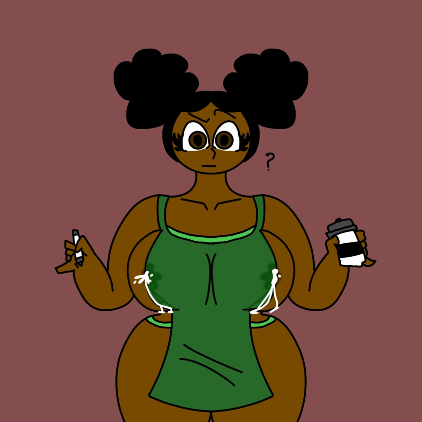 aged_up amanda_the_adventurer anonymous_artist big_breasts breasts brown_body brown_skin buns coffee_cup confusion container cup female green_apron hi_res human i_mean_breast_milk ibispaintx lacation mammal meme no_shading puffy_hair question_mark simple_background solo thick_thighs