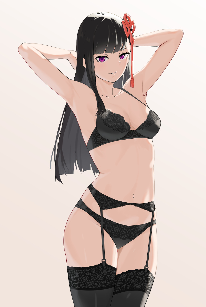 1girl absurdres armpits arms_behind_head bangs black_bra black_hair black_panties black_thighhighs bra breasts cleavage closed_mouth collarbone copper feet_out_of_frame garter_belt garter_straps hair_ribbon highres light_smile long_hair looking_at_viewer mato_seihei_no_slave medium_breasts navel panties presenting_armpit purple_eyes red_ribbon ribbon solo standing stomach thighhighs thighs underwear white_background yamashiro_ren