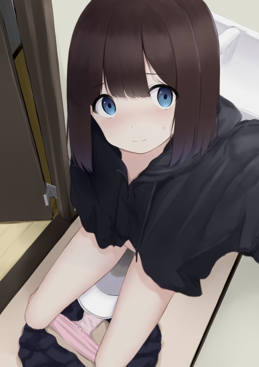 1girl arm_up bangs between_legs black_sweater blue_eyes blue_skirt blush bow bow_panties brown_hair closed_mouth clothes_pull commentary_request door drawstring flat_chest from_above hand_between_legs highres hood hood_down hooded_sweater indoors kanekan long_sleeves miniskirt nose_blush original outstretched_arm panties panty_pull pee peeing pink_panties pleated_skirt selfie short_hair sidelocks sitting skirt skirt_pull solo split_mouth sweat sweater thighs toilet_use underwear