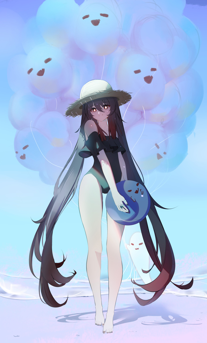 1girl absurdres balloon bare_legs bare_shoulders barefoot boo_tao_(genshin_impact) brown_hair closed_eyes closed_mouth fang feet frilled_swimsuit frills full_body genshin_impact ghost hat highres hu_tao_(genshin_impact) legs long_hair looking_at_viewer open_mouth qixia red_eyes standing star-shaped_pupils star_(symbol) straw_hat swimsuit symbol-shaped_pupils toes very_long_hair